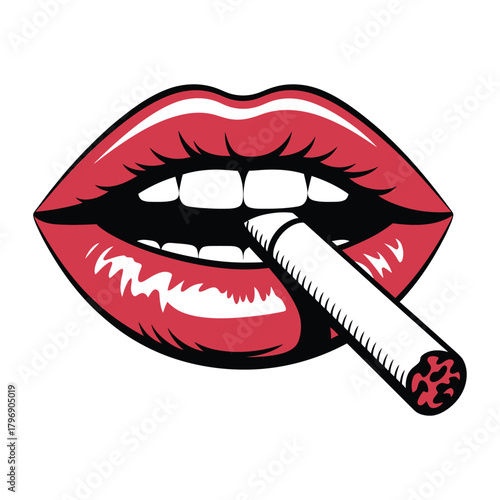 Illustration of red lips holding a cigarette, symbolizing addiction, habit, or a rebellious attitude