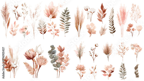 Delicate watercolor botanical clipart with blush florals, pampas, eucalyptus, and leaves in neutral tones. Ideal for wedding stationery, patterns, wall art, and branding.