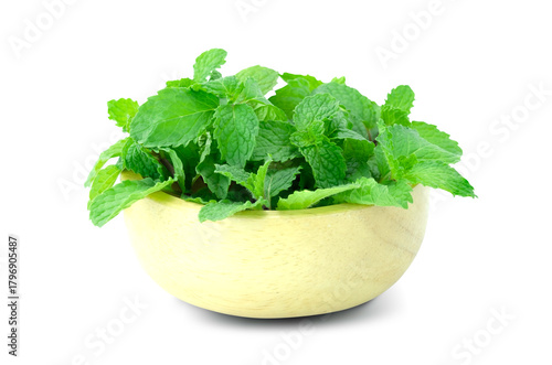 fresh mint leaves, Fresh raw mint leaves (Mentha) in wooden bowl isolated on white background close up stack, organic farm