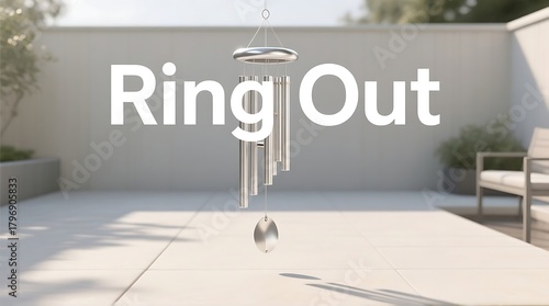 Fototapeta Naklejka Na Ścianę i Meble -  Elegant silver wind chimes create peaceful ambiance on patio in tranquil outdoor space