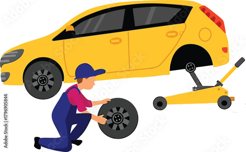 Mechanic Changing Flat Tire on Yellow Car