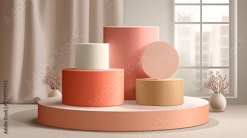 Abstract peach and beige podiums, window light, minimalist scene