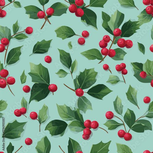 Seamless pattern of Christmas holly berries and leaves, flat illustration style