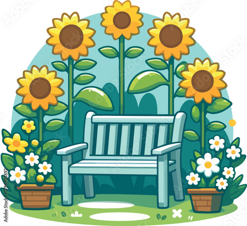 Sunny Garden Bench with Sunflowers