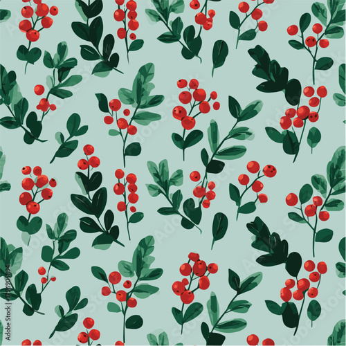 Seamless pattern of Christmas holly berries and leaves, flat illustration style