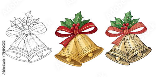Christmas Jingle Bell Vector Set Flat Design Illustration – Realistic, Outline, and Geometric Styles, Festive Holiday Clipart PNG

