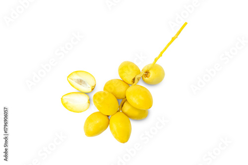 Fresh yellow date palm fruits isolated on white background top view clipping path stack