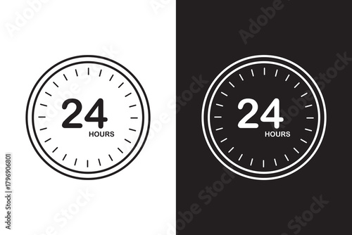 Clock with a 24 hours sign. All day service icon set. vector set in black colors.