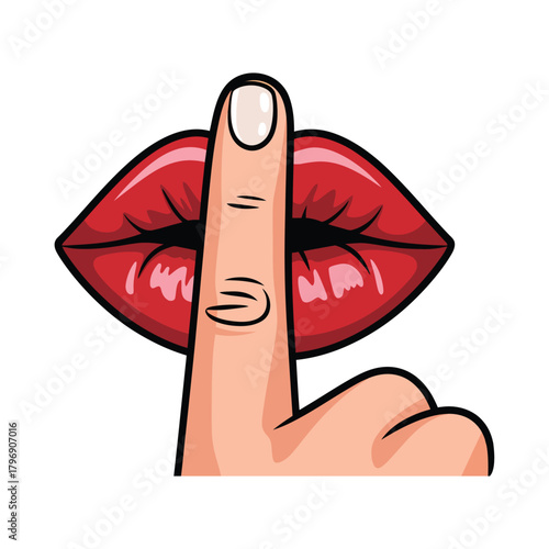Illustration of a finger pressing against red lips, symbolizing silence, secrecy, and the need to keep a secret