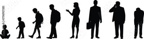 life stages silhouette progression, childhood to adulthood growth, career development journey, aging concept illustration, human evolution timeline