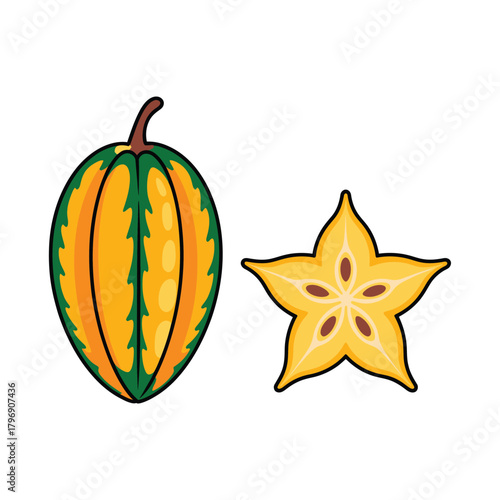 Illustration of a whole carambola fruit and a crosssection, showcasing its star shape and vibrant yellow color