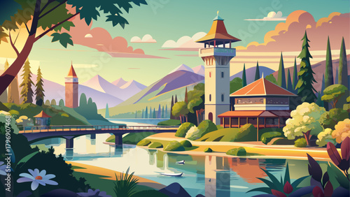 Very beautiful summer afternoon scene at Spokane Riverfront Park showcasing the elegant clock tower, the airy pavilion structure, gentle riverside greenery, and Washington’s serene Northwest landscape