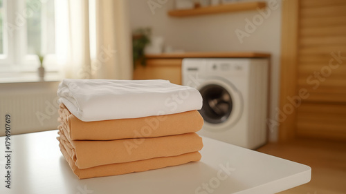 Neatly folded laundry on white table in bright laundry room with washing machine background