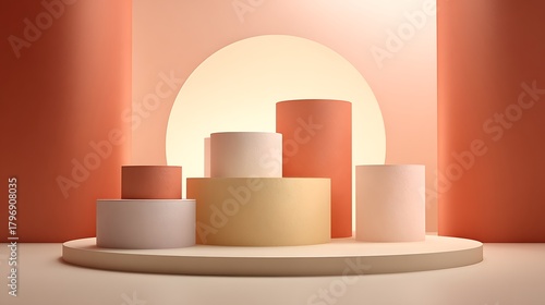 Warm pastel geometric podiums, abstract product display background.