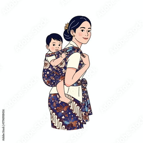Illustration of an Indonesian mother carrying her baby in a traditional batik sling, both wearing traditional attire.