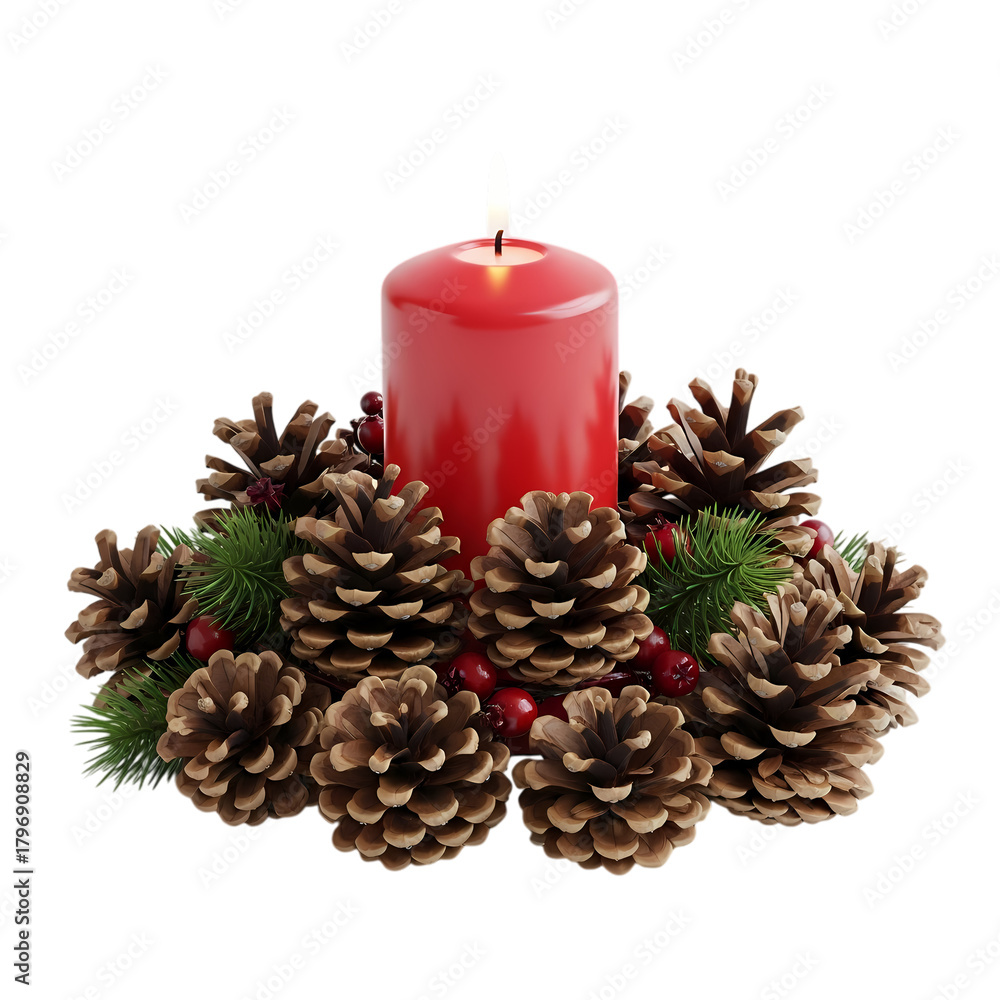Fototapeta premium Cozy festive arrangement featuring a glowing red candle surrounded by natural pinecones and holly berries, evoking holiday warmth