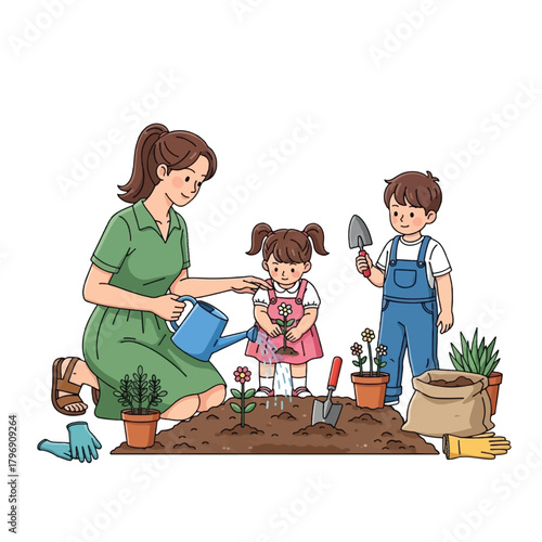 A mother and her two children, a boy and a girl, are happily gardening together, planting and watering flowers in a garden bed.
