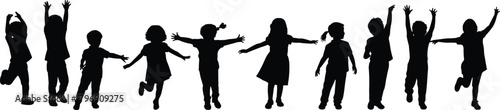 Silhouette children jumping together, happy kids playing outdoors, joyful group activity, energetic childhood moment, playful youth celebration scene