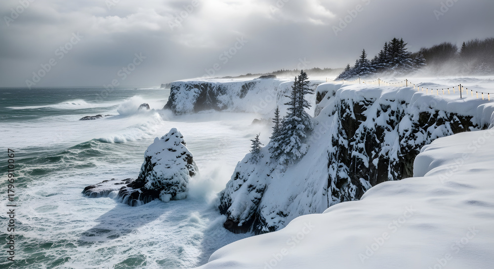 Obraz premium Dramatic winter storm crashes against snow-covered cliffs with powerful waves and dramatic sky, evoking nature's raw beauty and untamed power.