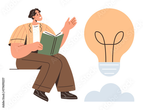 Man reading open book while lifting hand in expressive gesture beside oversized lightbulb. Ideal for knowledge, learning, creativity, innovation, education, inspiration, thought process. Simple flat