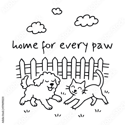 Black-and-white illustration of dog and cat with heart cloud and “home for every paw” message in pet adoption theme, vector