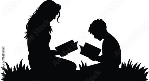 Silhouette children reading books outdoors, peaceful learning moment, sitting together on grass, educational illustration for study concepts