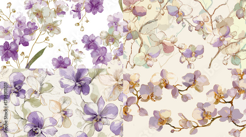 Watercolor orchid seamless patterns in soft violet and beige. Elegant blossoms and branches for fabric, wallpaper, wedding stationery, wrapping, and romantic floral designs.