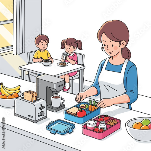 Mother preparing healthy lunchboxes for her children while they eat breakfast in the kitchen.