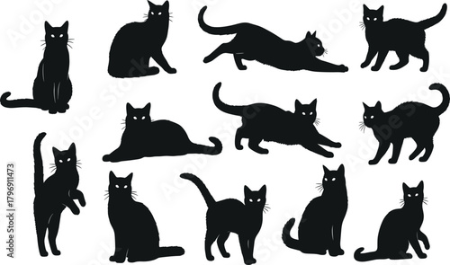 Black Cat Silhouettes Vector Set of Diverse Poses and Actions, Elegant Feline Animals on White Background, Halloween and Witchcraft Symbol, EPS 10 Illustration.