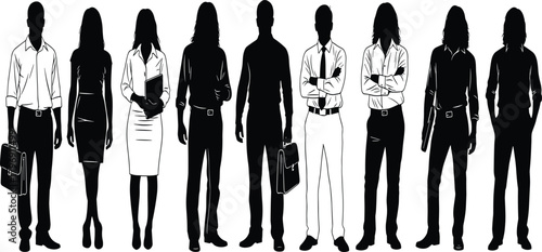 Diverse group of five business professional silhouettes, men and women standing, corporate team, executive staff collection, black and white vector illustration on a clean background.
