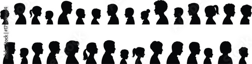 Silhouette collection of diverse human profiles featuring adults and children side view heads isolated vector people illustration