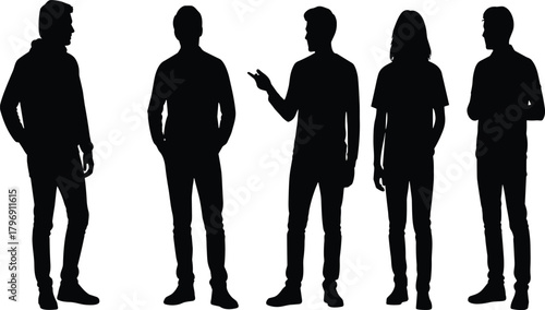 A group of three young adult silhouettes standing and communicating, men and women talking, interaction, discussion, meeting, black vector figures on a white background, close-up crop.