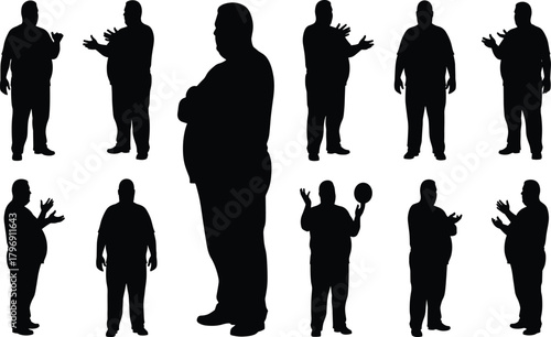 Set of full-length, black silhouettes of overweight men, standing, posing, and gesturing, diverse body type illustration, plus-size adult male figure collection on a white background.