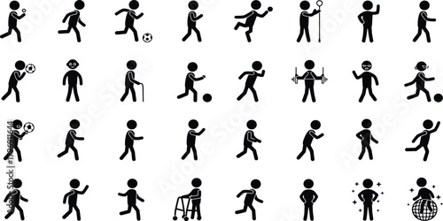 Set of black stick figures icons illustrating human actions, movements, running, walking, playing sports, dancing, disability, and different poses for graphic design and communication projects.