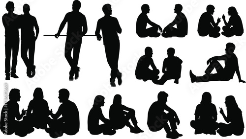 Casual People Silhouettes Vector Set Talking and Sitting in Relaxed Poses, Friends Communicating and Standing, Social Interaction and Friendship Graphic Elements.