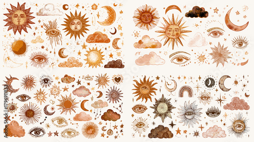 Boho celestial watercolor clipart featuring suns, moons, stars, clouds, and mystical eyes in terracotta tones. Great for spiritual branding, posters, stickers, and seamless patterns.
