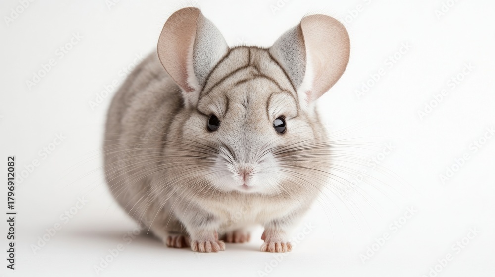 Obraz premium A light grey chinchilla poses against a white background, highlighting its soft fur and large ears. The animal appears curious and playful, ready to explore its surroundings