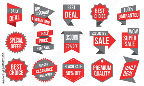 Sale and discount labels set, modern promotional deal badges in vector style