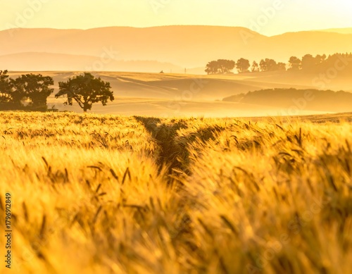 Golden wheat field at sunrise, with a pathway and distant hills