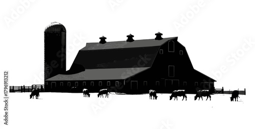 Minimalist vector illustration of a classic American farmstead in a striking black silhouette against a clean white background with grazing cows