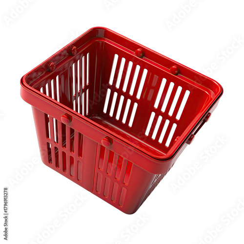 Shiny Red Plastic Shopping Basket With Two Handles Isolated On Transparent Background Studio Shot