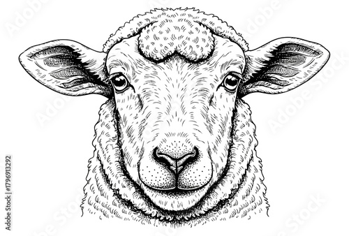 Detailed black and white illustration of a sheep's head, showcasing intricate textures and facial features, perfect for educational or artistic projects