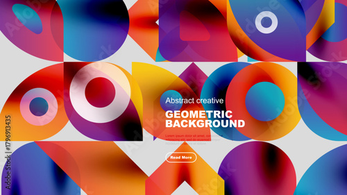 Vibrant geometric shapes overlap, creating colorful abstract background. Text promotes creative design, inviting further exploration.