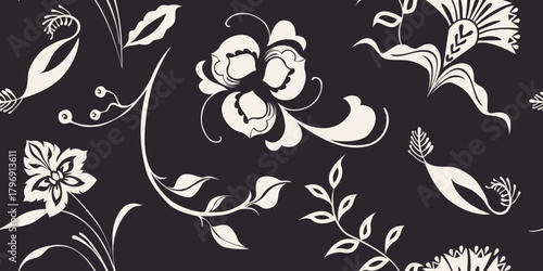 Black and white folk floral seamless pattern silhouette botanical ornamental flowers. Elegant decorative design.