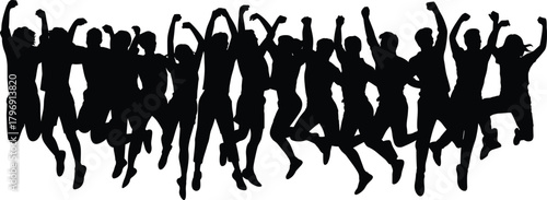 Silhouette crowd of energetic people jumping together in celebration, joyful group expressing unity, happiness, energy, team spirit and freedom