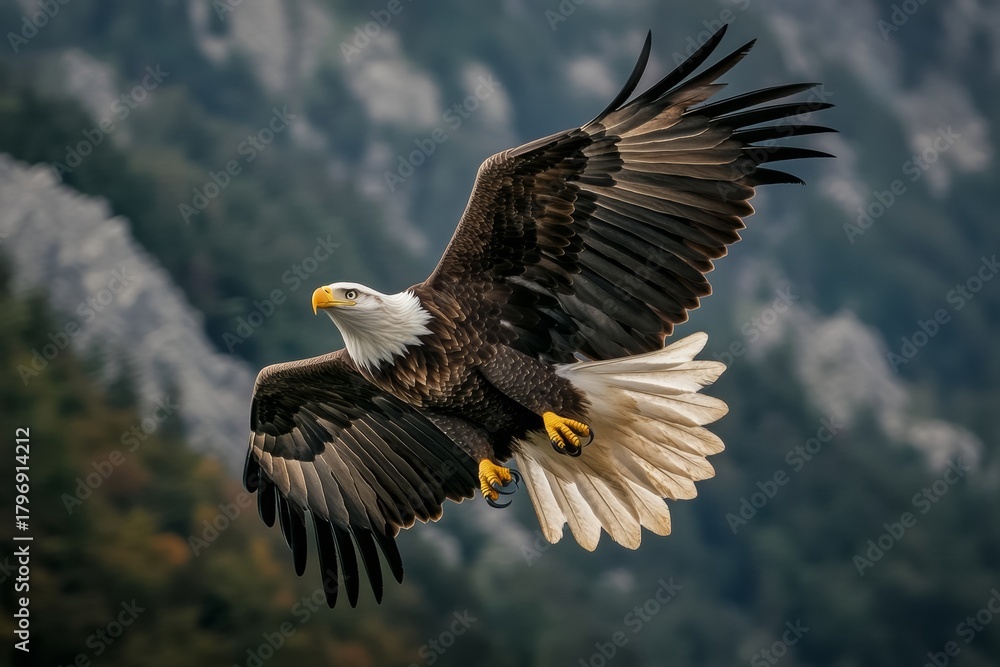 Obraz premium A bald eagle with its wings fully extended glides gracefully above rugged mountains, showcasing its sharp talons. The majestic bird captures the essence of freedom in the early morning light