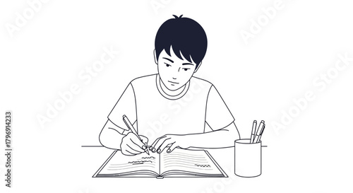 Focused young student carefully writing in open book with a pen in classroom