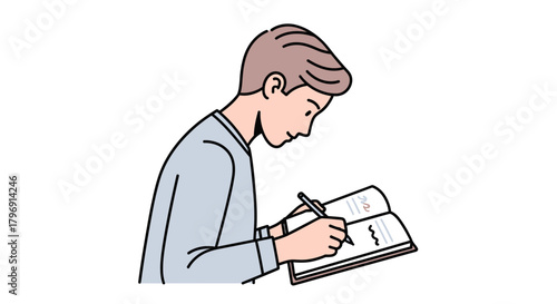 Illustrative study of focused young adult capturing thoughts on an open notebook