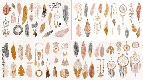 Watercolor dreamcatcher and feather clipart in earthy tones with beads and tassels. Ideal for boho branding, invitations, posters, stickers, crafts, and calming decorative projects.