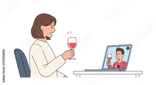 Virtual wine night featuring digital connectivity between friends via video call on laptop